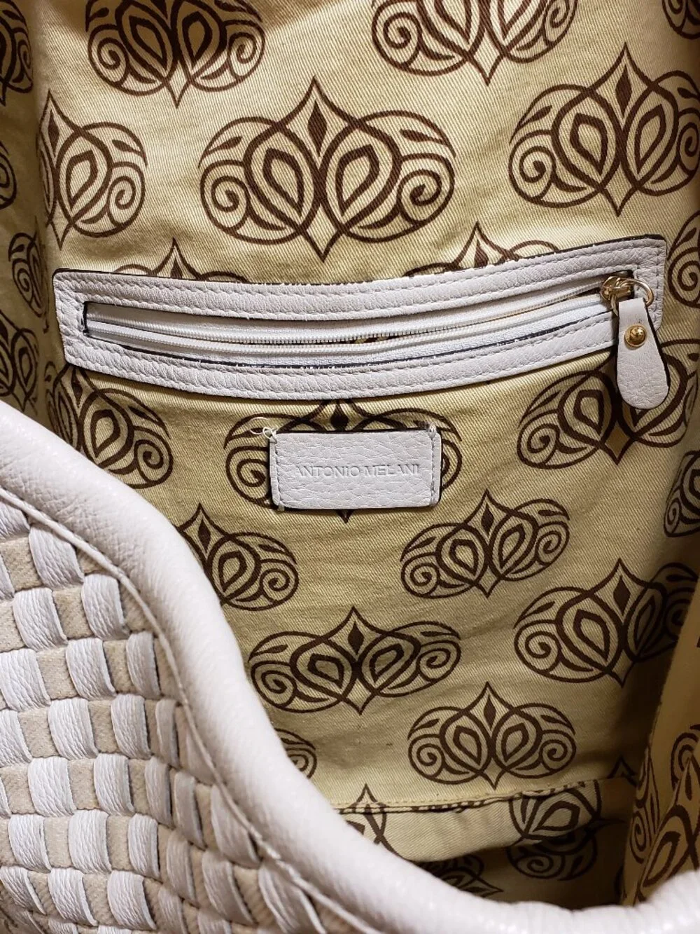 Antonio Melani White Woven Intrecciato Style Leather Hobo Bag Braided Handle